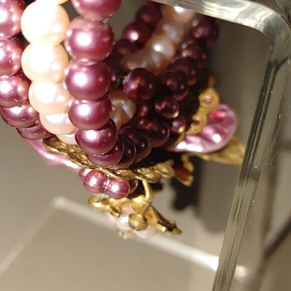 Cuff Beaded Bracelet Vintage Pink Gold Floral Beaded Rhinestones Faux Pearl - Picture 13 of 16